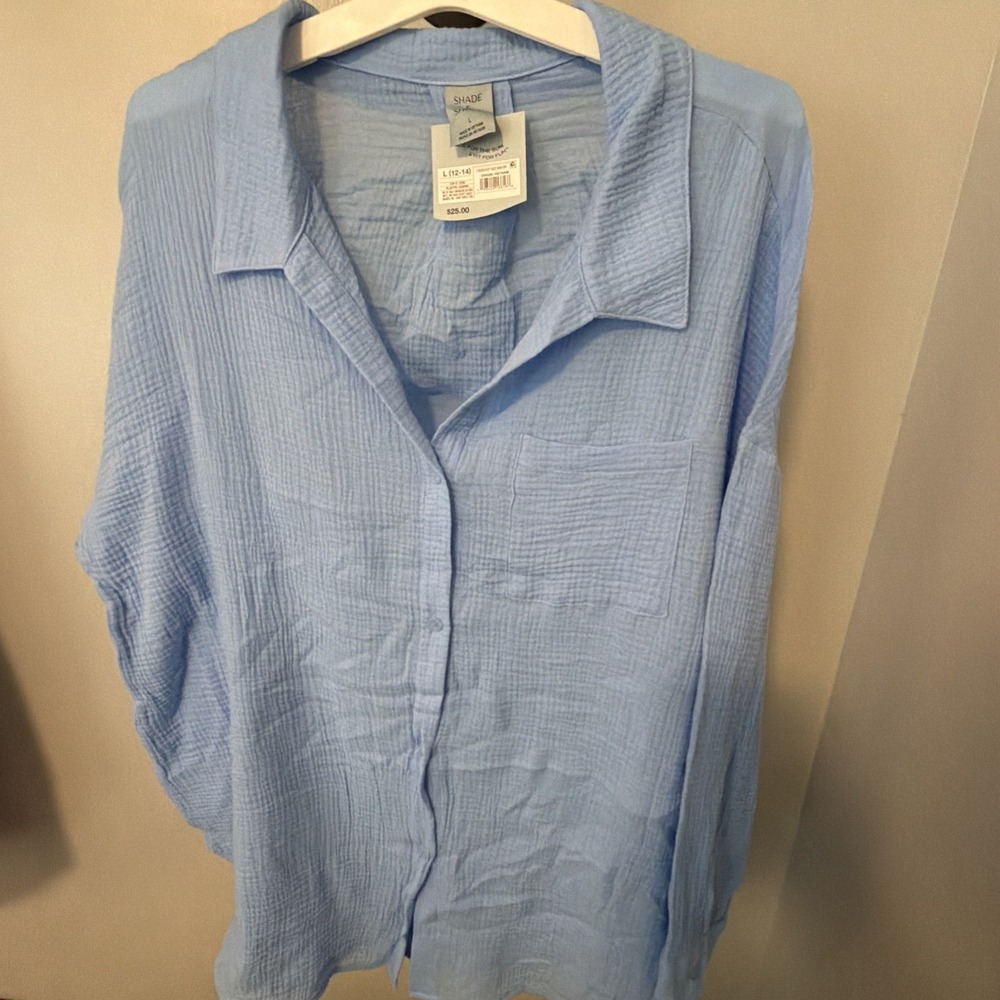 Women's Shade & Shore Blue Button-Up Long Sleeve Cover Up Size Large (12-14) NWT
